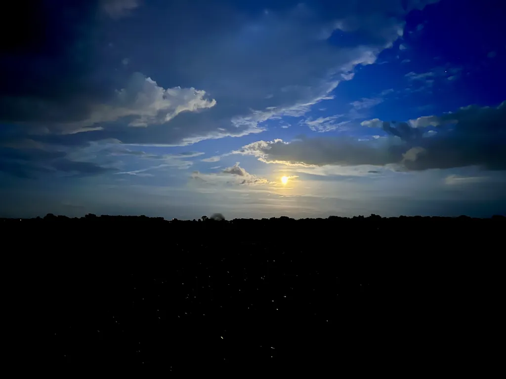 A moon rising through broken cloud over a dark treeline.