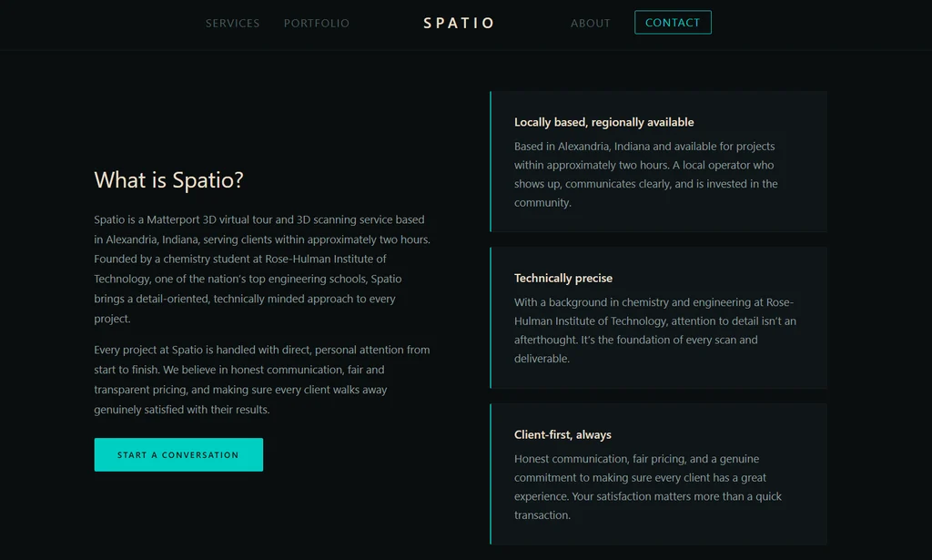 The Spatio website, showing the What is Spatio section on a dark background.